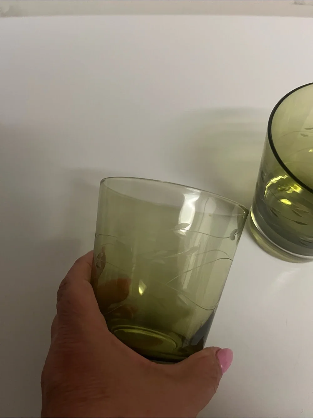 Set of 4 Vintage Olive Green Etched Leaf Rocks Glasses Tumblers Mid Century